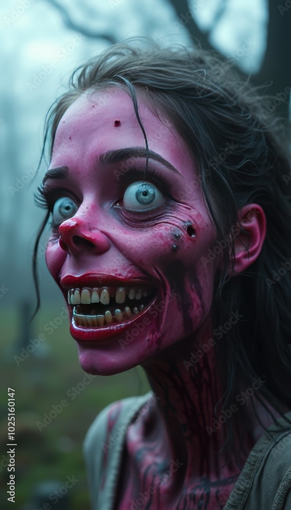 A hyper-realistic funny girl zombie head on the right side, with bright pink skin, goofy teeth, and mismatched eyes, against a spooky, foggy graveyard background. A hyper-realistic funny girl zombie head on the right side, with bright pink skin, goofy teeth, and mismatched eyes, against a spooky, foggy graveyard background.