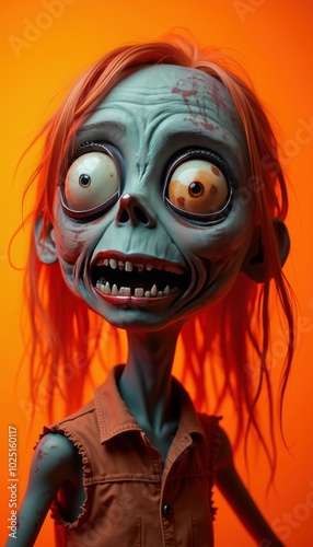 A highly detailed funny girl zombie head with mismatched eyes and silly expression on the right side, placed in front of a solid neon orange Halloween background.