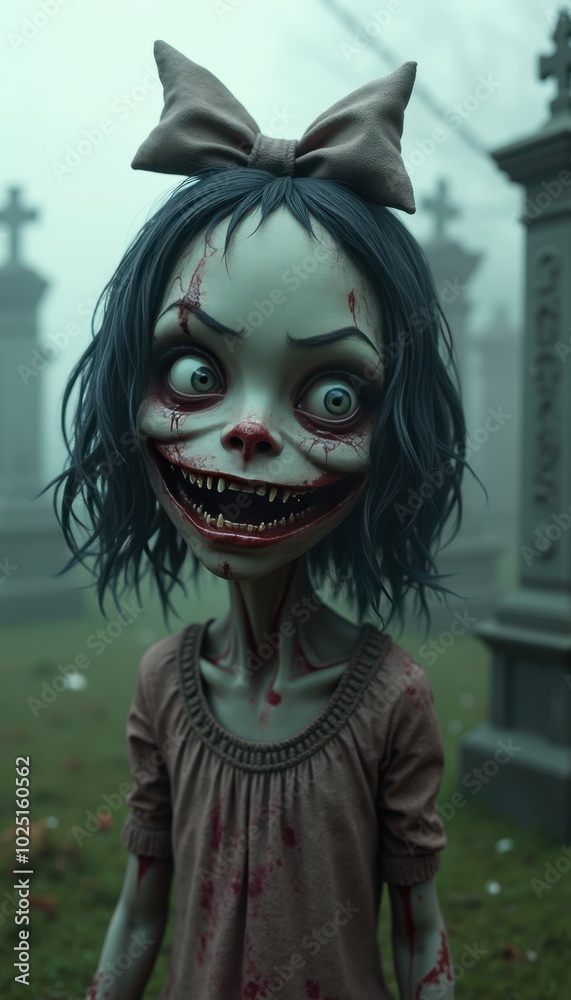 A hyper-detailed funny girl zombie head on the right, her skin peeling and wearing a goofy bow, against a foggy cemetery background with old tombstones. A hyper-detailed funny girl zombie head on the right, her skin peeling and wearing a goofy bow, against a foggy cemetery background with old tombstones.