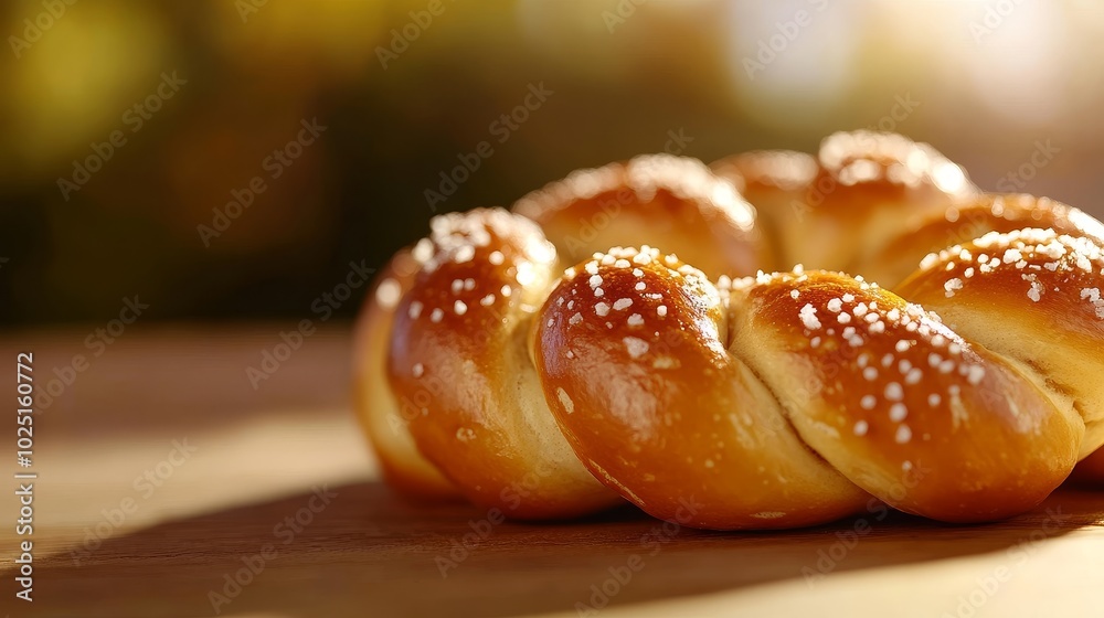 A close-up image of a freshly baked pretzel sprinkled with salt, showcasing its golden brown crust and soft texture. The pretzel is a classic bakery item perfect for snacking or pairing with beer. A close-up image of a freshly baked pretzel sprinkled with salt, showcasing its golden brown crust and soft texture. The pretzel is a classic bakery item perfect for snacking or pairing with beer.