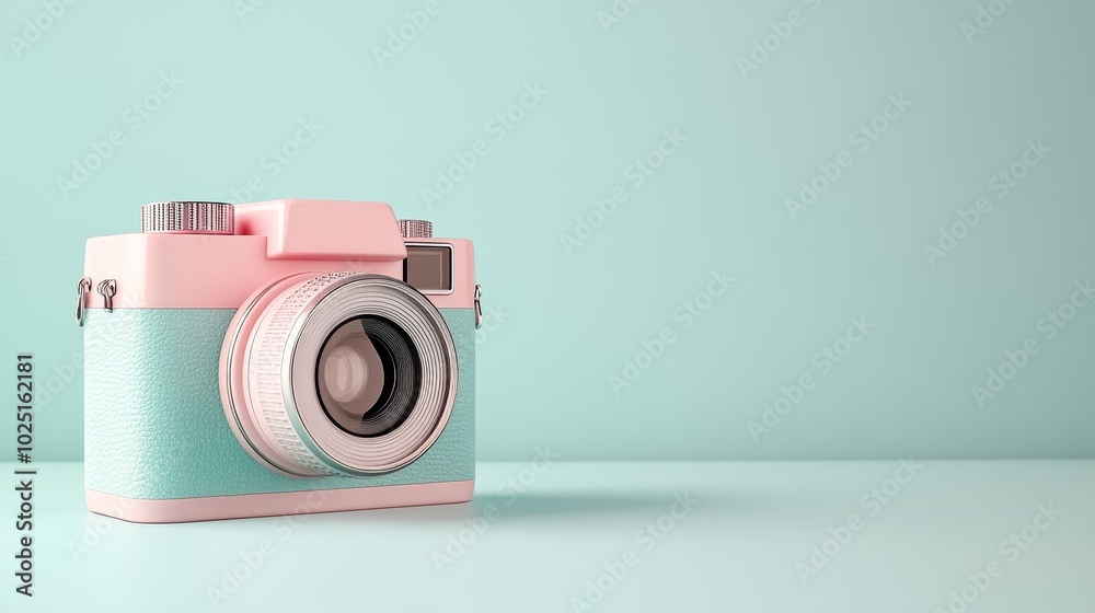 A pastel pink camera sits on a light blue background, symbolizing creativity, nostalgia, photography, art, and celebration.
