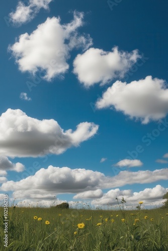 Clear blue sky with fluffy clouds over a lush green field, no human presence photo