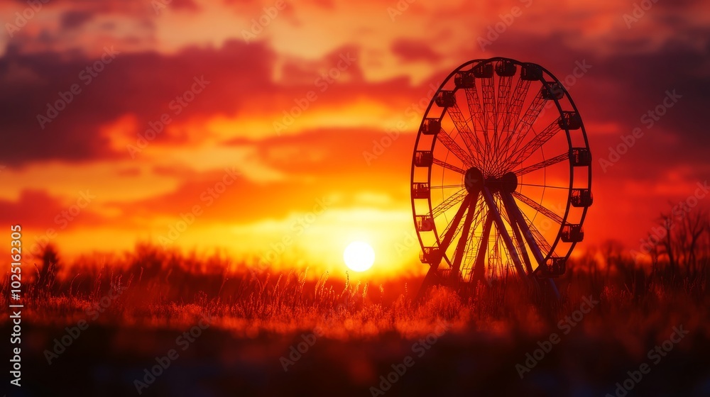 A silhouetted Ferris wheel stands tall against a vibrant sunset, symbolizing hope, dreams, amusement, adventure, and the beauty of fleeting moments. A silhouetted Ferris wheel stands tall against a vibrant sunset, symbolizing hope, dreams, amusement, adventure, and the beauty of fleeting moments.