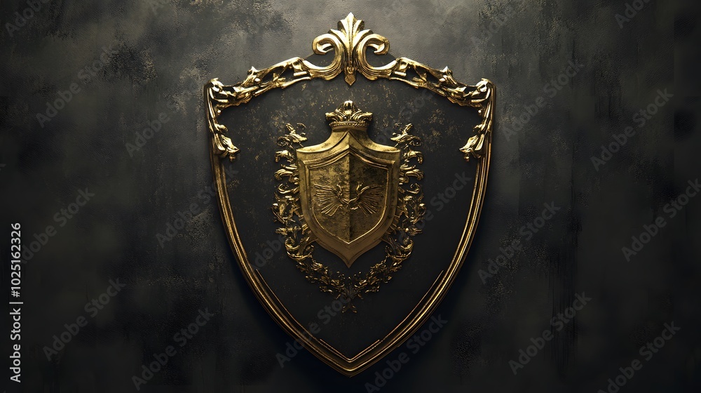 Ornate Golden Shield with Crown and Bird Emblem Ornate Golden Shield with Crown and Bird Emblem
