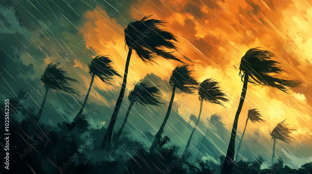 Bending palm trees sway in gale force winds during tropical storm ...
