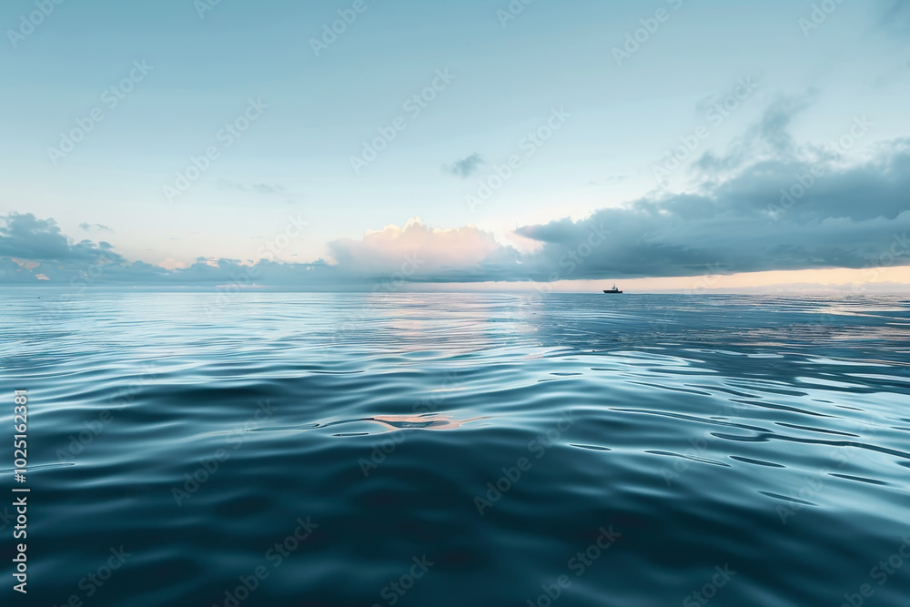 Obraz premium The ocean is calm and peaceful, with a boat in the distance