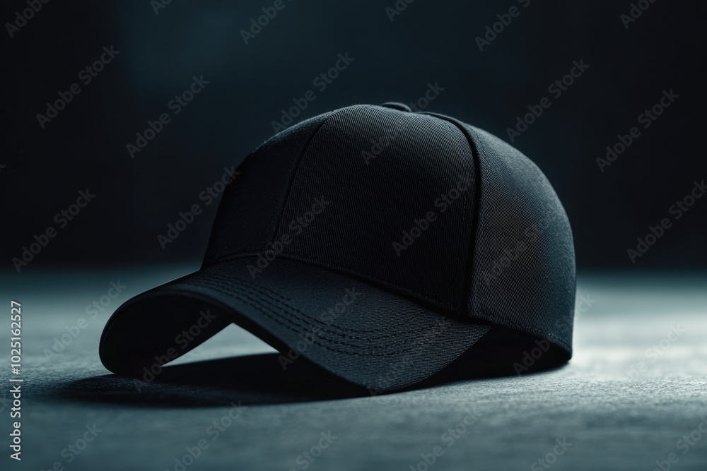A single black baseball cap sits on a table, ready for use A single black baseball cap sits on a table, ready for use
