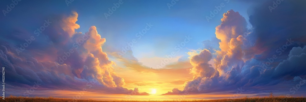 Fototapeta premium A vibrant sunset sky with dramatic clouds forming a celestial gateway, symbolizing hope, peace, renewal, beauty, and a sense of wonder.