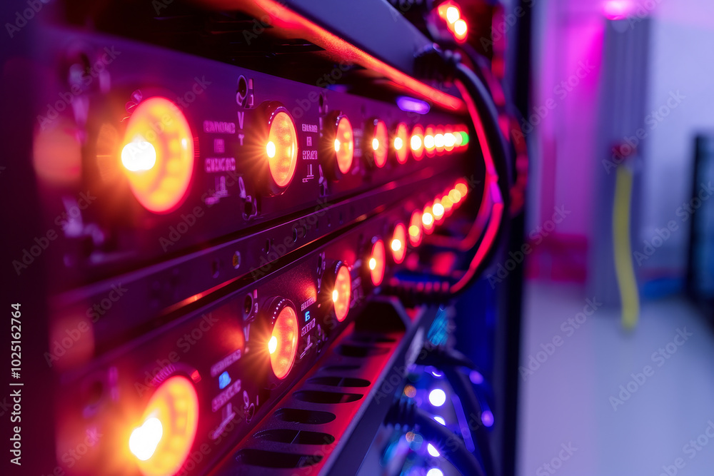 A row of computer servers with lights on them A row of computer servers with lights on them