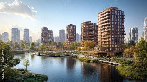 Modern Residential Buildings with Waterway