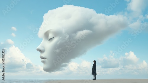 A woman stands on a beach, gazing up at a giant cloud in the shape of a woman's face, symbolizing dreams, aspirations, imagination, the subconscious, and the power of the mind.