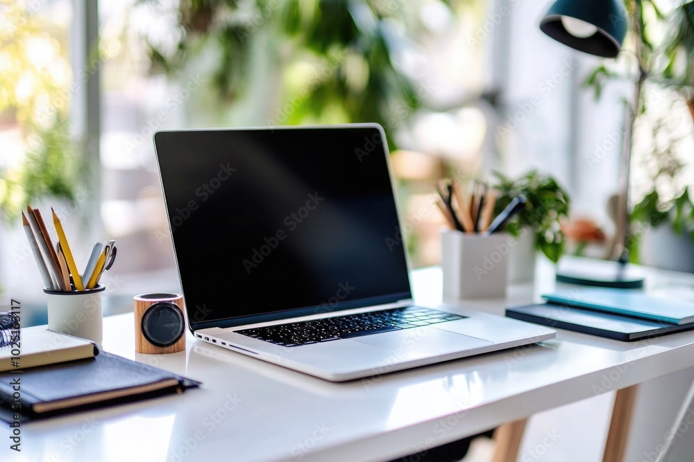 A laptop computer sitting on a white desk, ready for use A laptop computer sitting on a white desk, ready for use