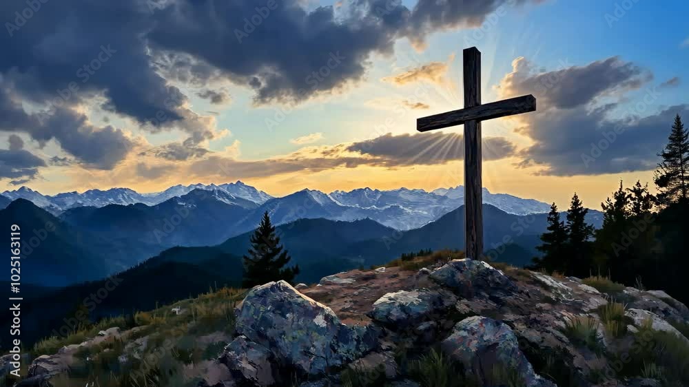 A wooden cross stands tall on a mountaintop, overlooking a majestic range of snow-capped peaks at sunset A wooden cross stands tall on a mountaintop, overlooking a majestic range of snow-capped peaks at sunset