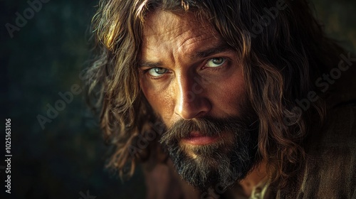 A close-up portrait of a person with long hair and beard, suitable for use in editorial or creative projects