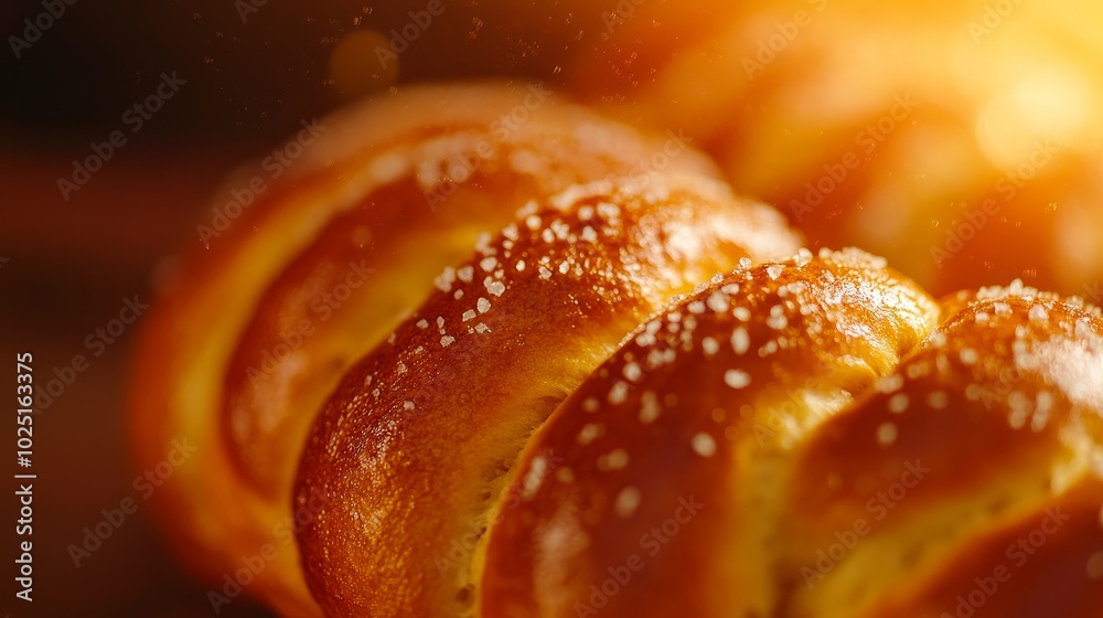Close-up of a freshly baked pretzel with salt, a golden brown crust, and a sprinkle of salt crystals. The soft dough and warm colors are inviting, perfect for a tasty snack or a delicious side dish.