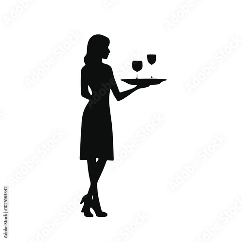 A silhouette of a woman holding a tray with two wine glasses