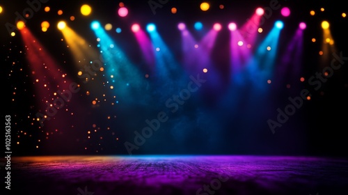 Colorful Stage Lights on Dark Background, perfect for concert, music, entertainment, performance, and celebration.