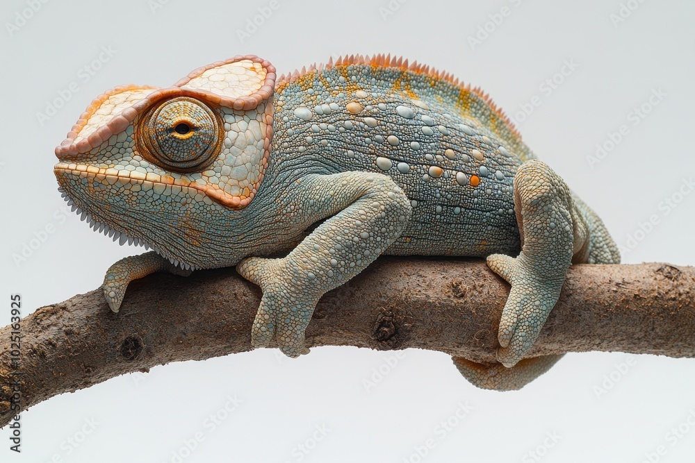Obraz premium A chameleon perched on a branch with its tongue extended, isolated on white background 