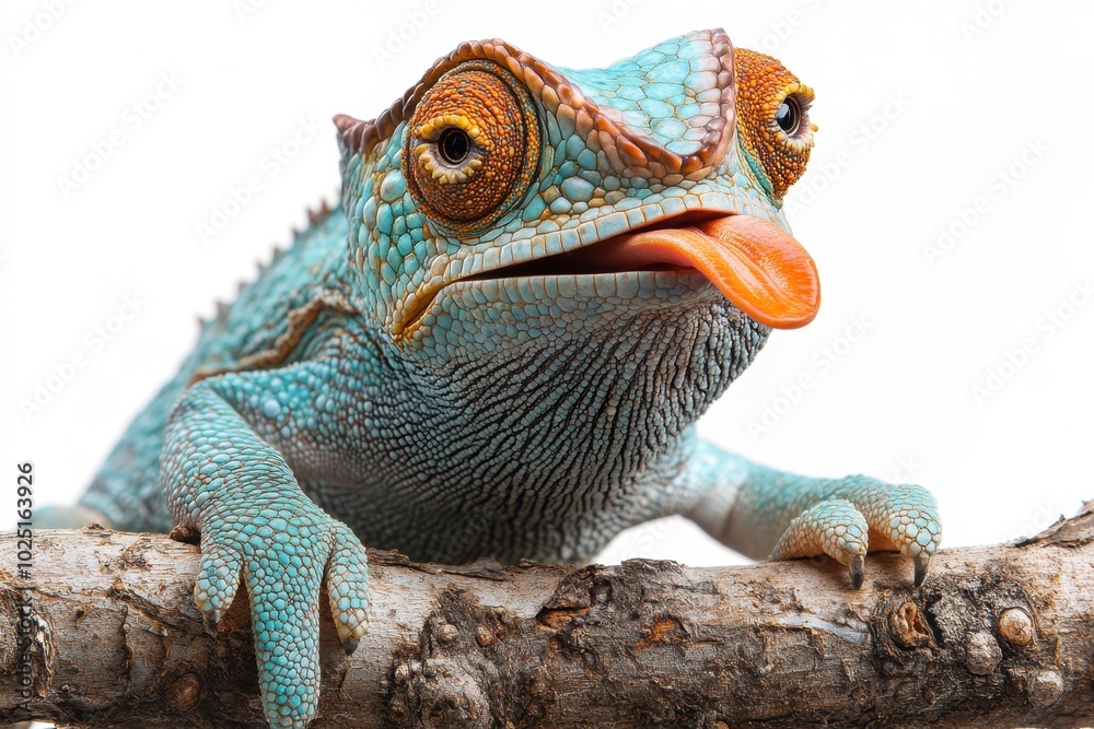Obraz premium A chameleon perched on a branch with its tongue extended, isolated on white background 