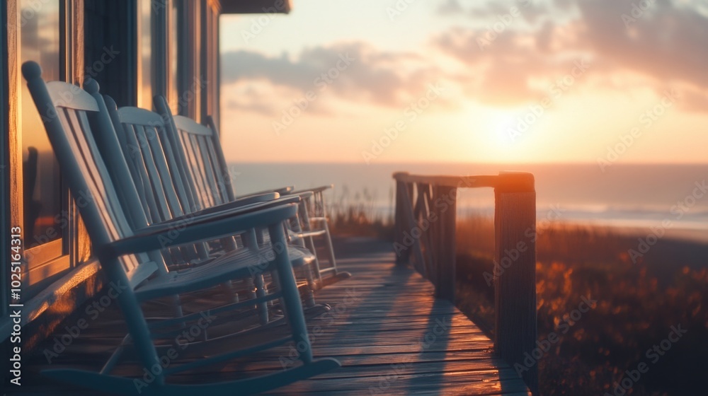 Naklejka premium Cozy porch scene with rocking chair and breathtaking ocean view