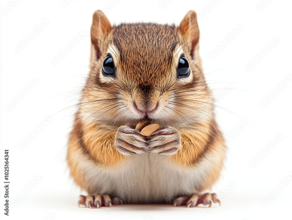 A chipmunk holding seeds in its tiny hands, isolated on white background A chipmunk holding seeds in its tiny hands, isolated on white background