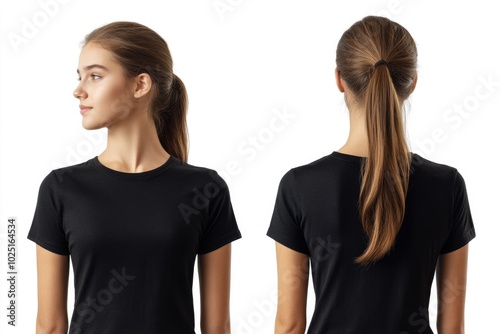 A woman wearing a black shirt and ponytail, simple yet stylish