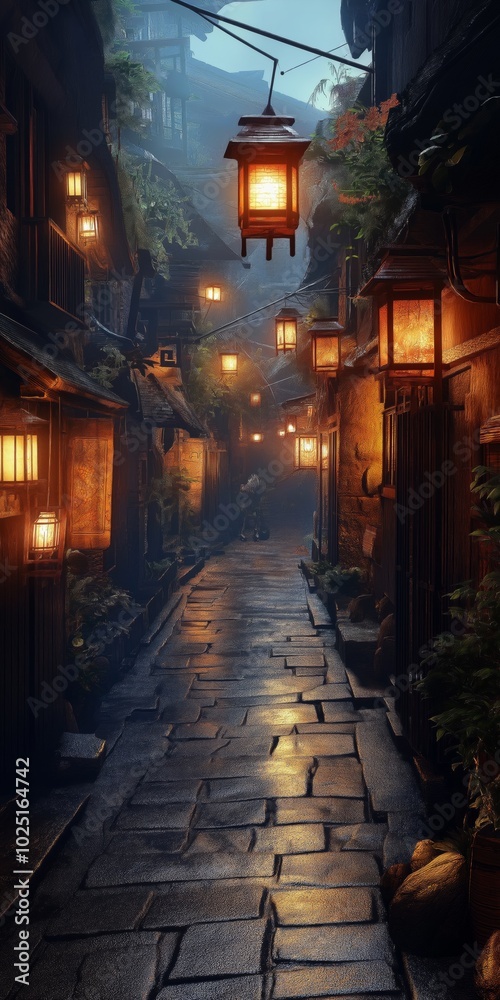 Fototapeta premium A street with lanterns hanging from the ceiling