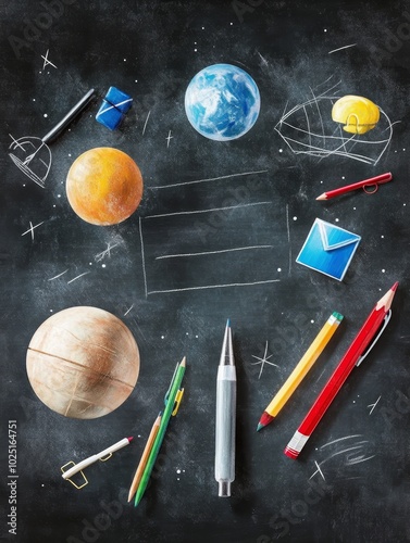 Teacher Appreciation Day Chalkboard Background with Planets, Stars, and School Supplies. Celebrate teachers with this creative and whimsical design. photo