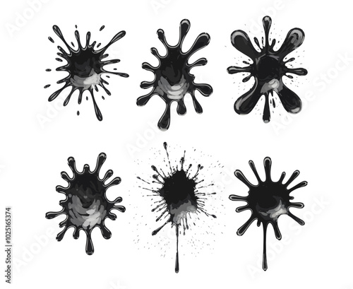 Vector Set Of Black Ink Splatters, Paint Splatters on Transparent Background, Ink Splatters Illustration