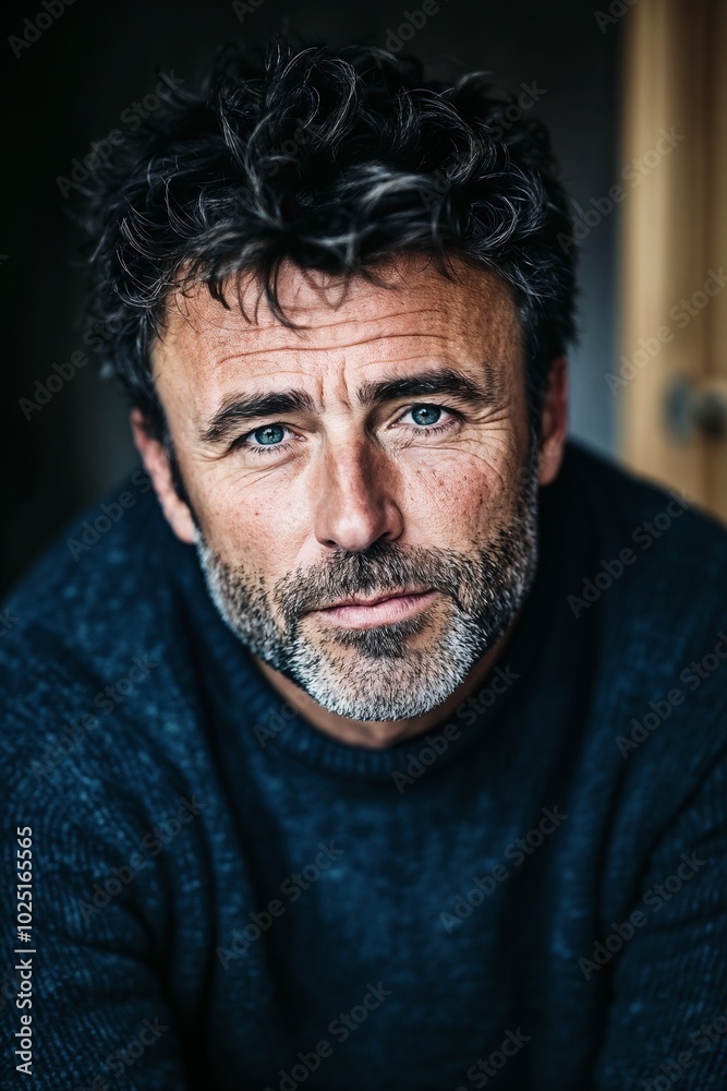 Portrait of a thoughtful middle-aged man with curly hair and a beard, showcasing piercing blue eyes in a cozy setting
Portrait of a thoughtful middle-aged man with curly hair and a beard, showcasing piercing blue eyes in a cozy setting