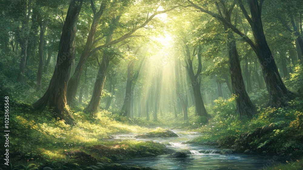 Fototapeta premium Sunbeams Illuminating a Winding Creek Through a Lush Forest