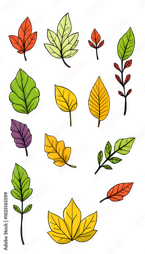Obraz premium Leafy doodle sticker design element set isolated with white highlights, png