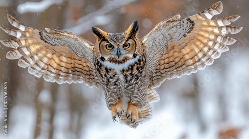 A great horned owl spreading its wings as it prepares to fly, isolated on white background  photo