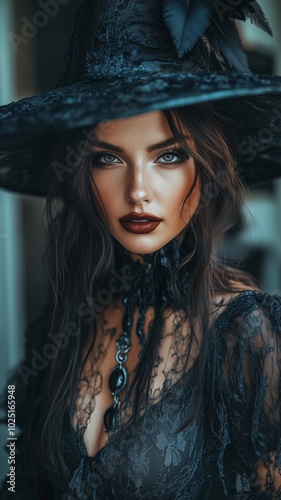 Halloween, spooky season . Attractive witch model in gothic Halloween costume