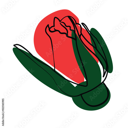 Outline drawing of a bud rose in minimalist style with color spots