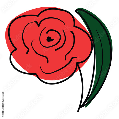 Outline drawing of a blooming rose in minimalist style with color spots