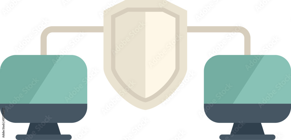 Network security system protecting data transfer between two computers with a shield icon, two desktop computers linked together. Showcasing a secure connection with a prominent shield icon Network security system protecting data transfer between two computers with a shield icon, two desktop computers linked together. Showcasing a secure connection with a prominent shield icon