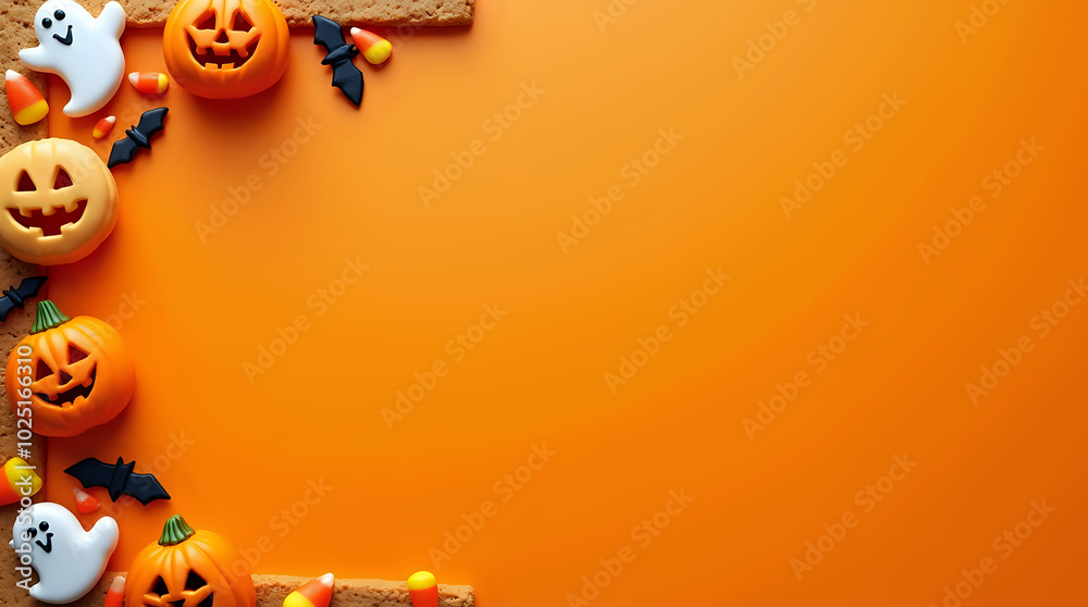 Fototapeta premium Empty surface, pumpkin frame with autumn leaves and flowers, perfect for Halloween decorations