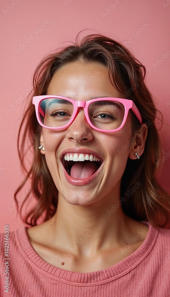 Smiling woman wearing pink glasses and a pink shirt, laughing. Smiling woman wearing pink glasses and a pink shirt, laughing.