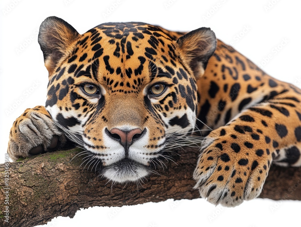 Obraz premium A jaguar resting on a tree branch, isolated on white background 