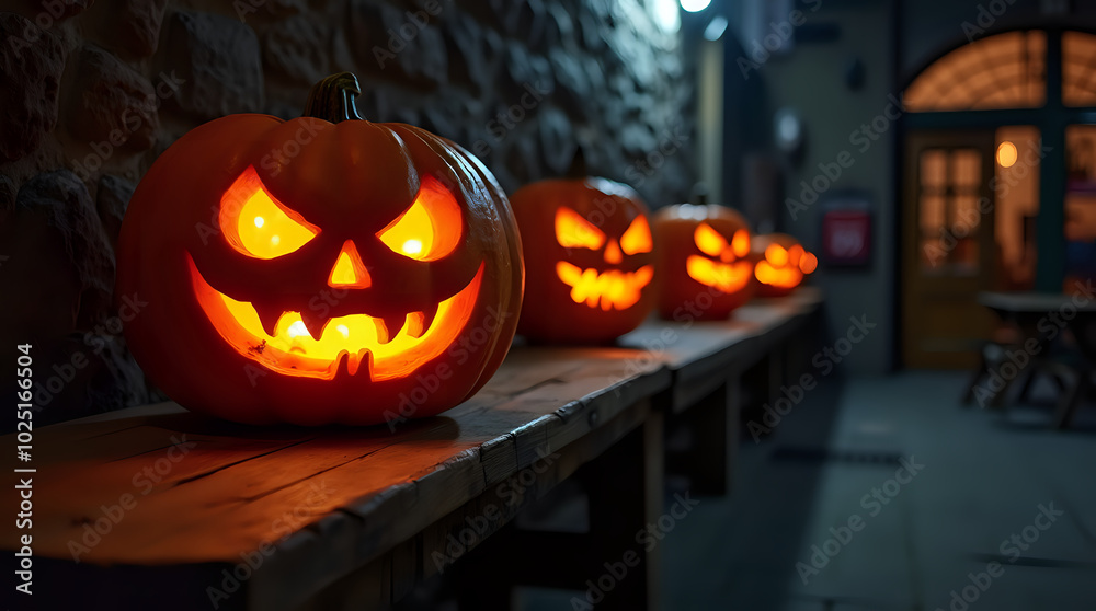 Fototapeta premium Jack-o-lantern, a spooky Halloween pumpkin with a carved face, glows in the dark night