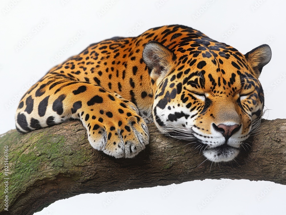 A jaguar resting on a tree branch, isolated on white background 