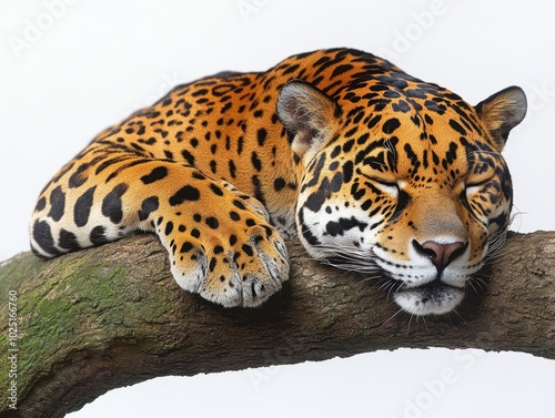 A jaguar resting on a tree branch, isolated on white background 