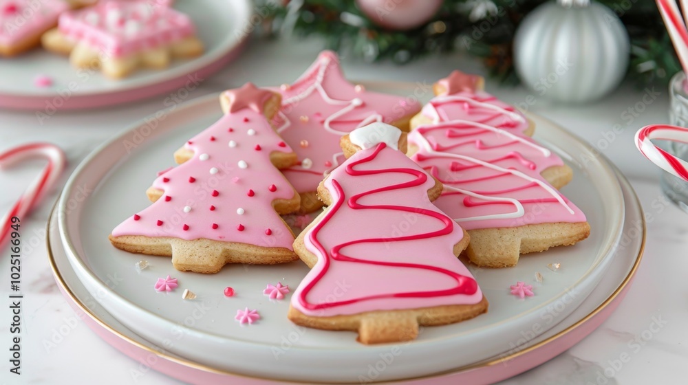 Pink Iced Christmas Cookies with Festive Shapes Pink Iced Christmas Cookies with Festive Shapes