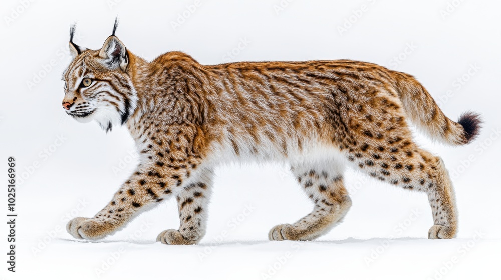 A lynx walking gracefully with its tufted ears visible, isolated on white background A lynx walking gracefully with its tufted ears visible, isolated on white background
