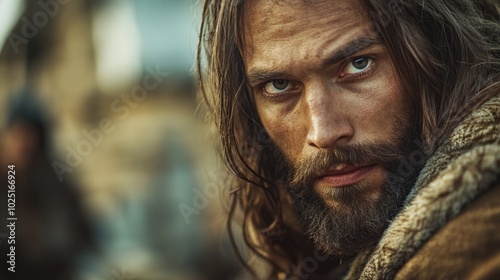 Portrait of a man with long hair and beard, suitable for use in editorial or commercial contexts