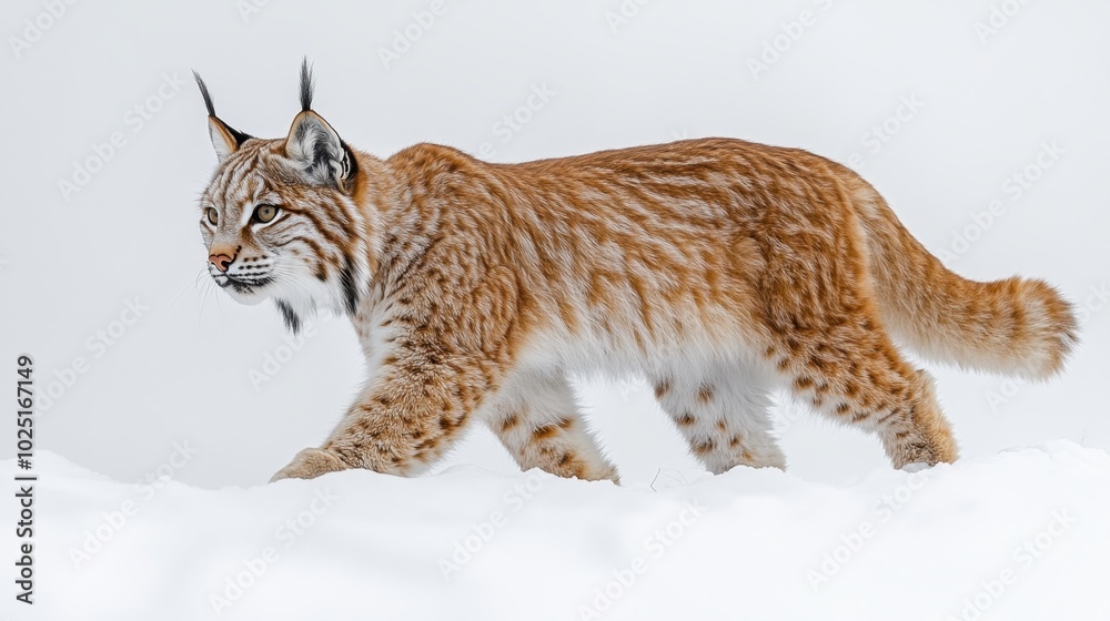 A lynx walking gracefully with its tufted ears visible, isolated on white background A lynx walking gracefully with its tufted ears visible, isolated on white background