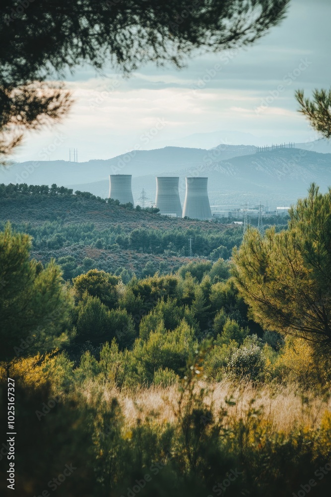 Naklejka premium Distant view of a nuclear power plant with cooling towers and reactors