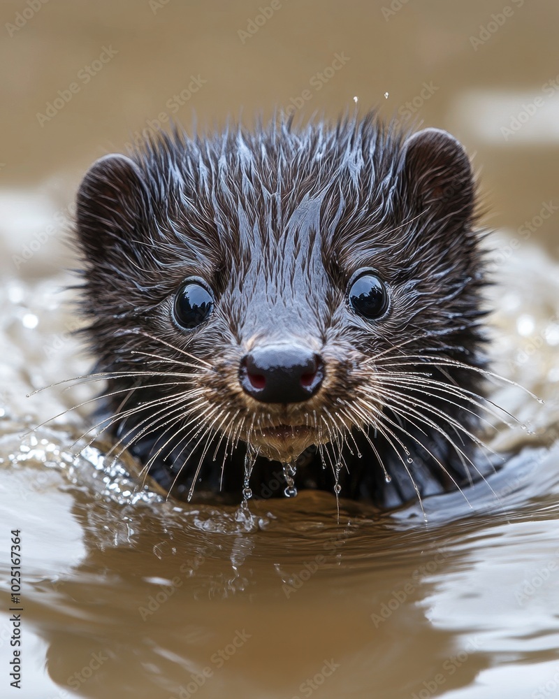 A mink swimming through water, isolated on white background A mink swimming through water, isolated on white background