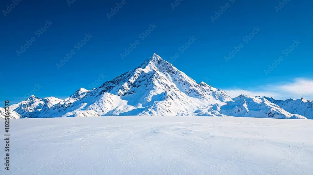 Majestic snow-covered mountain under clear blue sky, perfect for winter, adventure, and Christmas themes Majestic snow-covered mountain under clear blue sky, perfect for winter, adventure, and Christmas themes